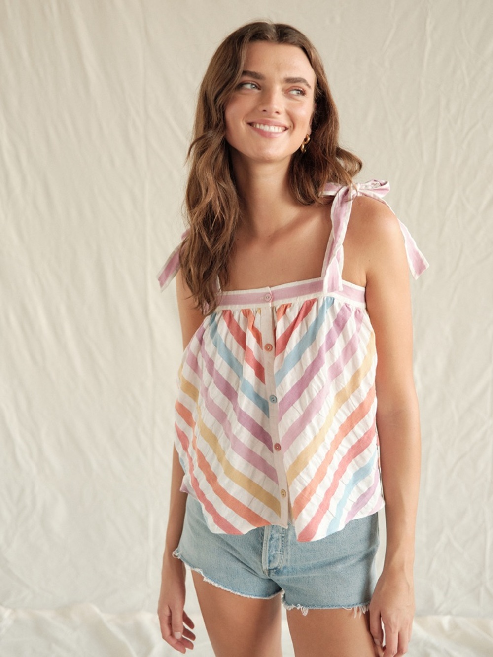 SAYLOR Pastel Rainbow Stripe Tie-Shoulder Top